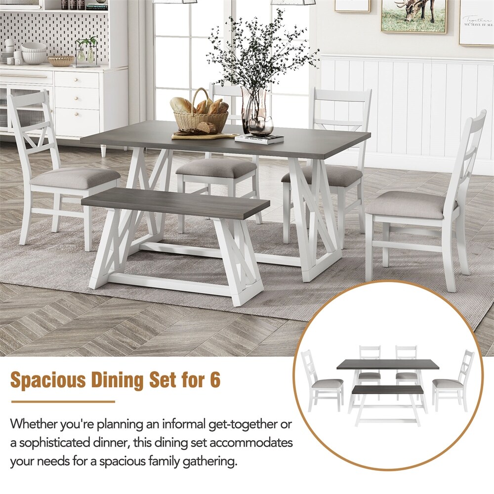 Dining Table Set with 4 Upholstered Chairs and Wood Bench（Set of 6）