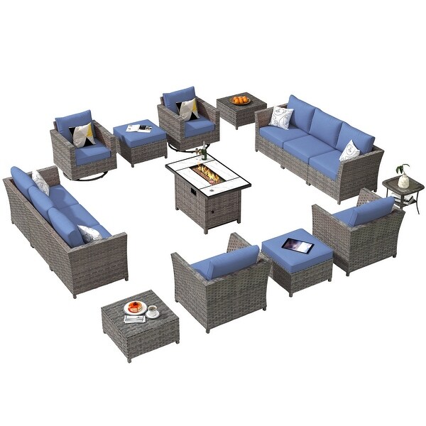 HOOOWOOO 16piece Outdoor Patio Grey Wicker Rattan Furniture Sectional Set with Fire Pit Table