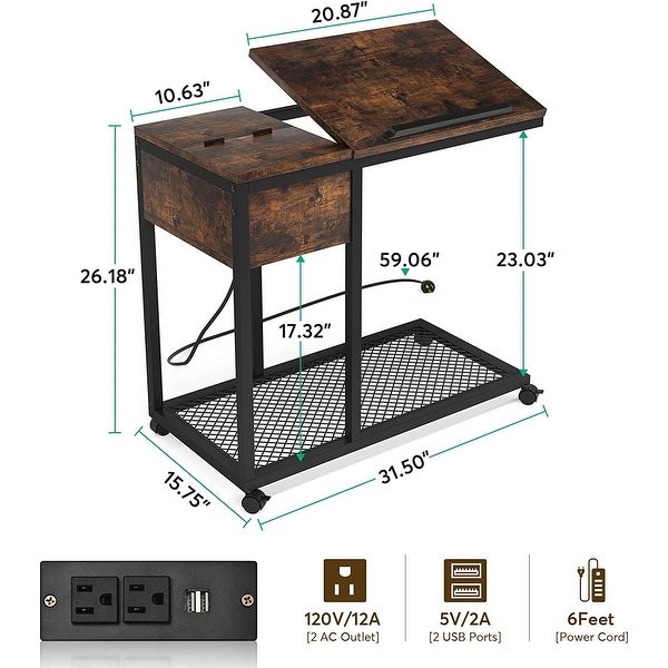 C Shaped Table with Outlet and USB Ports， Couch Side Table with Charging Station