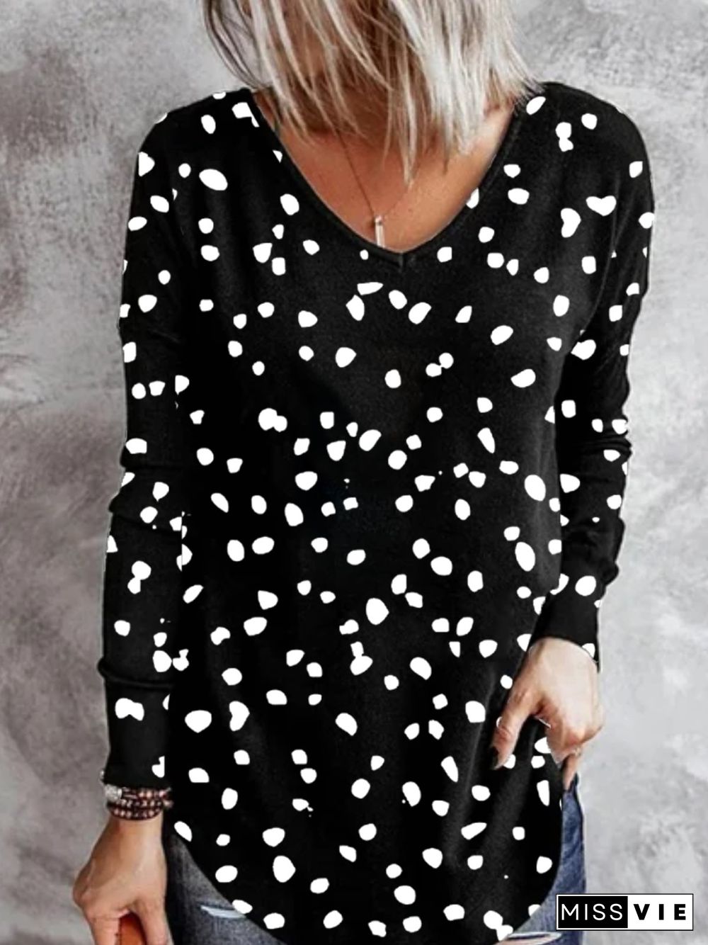 Casual Polka Dots Long Sleeve V Neck Plus Size Printed Tops T-shirts