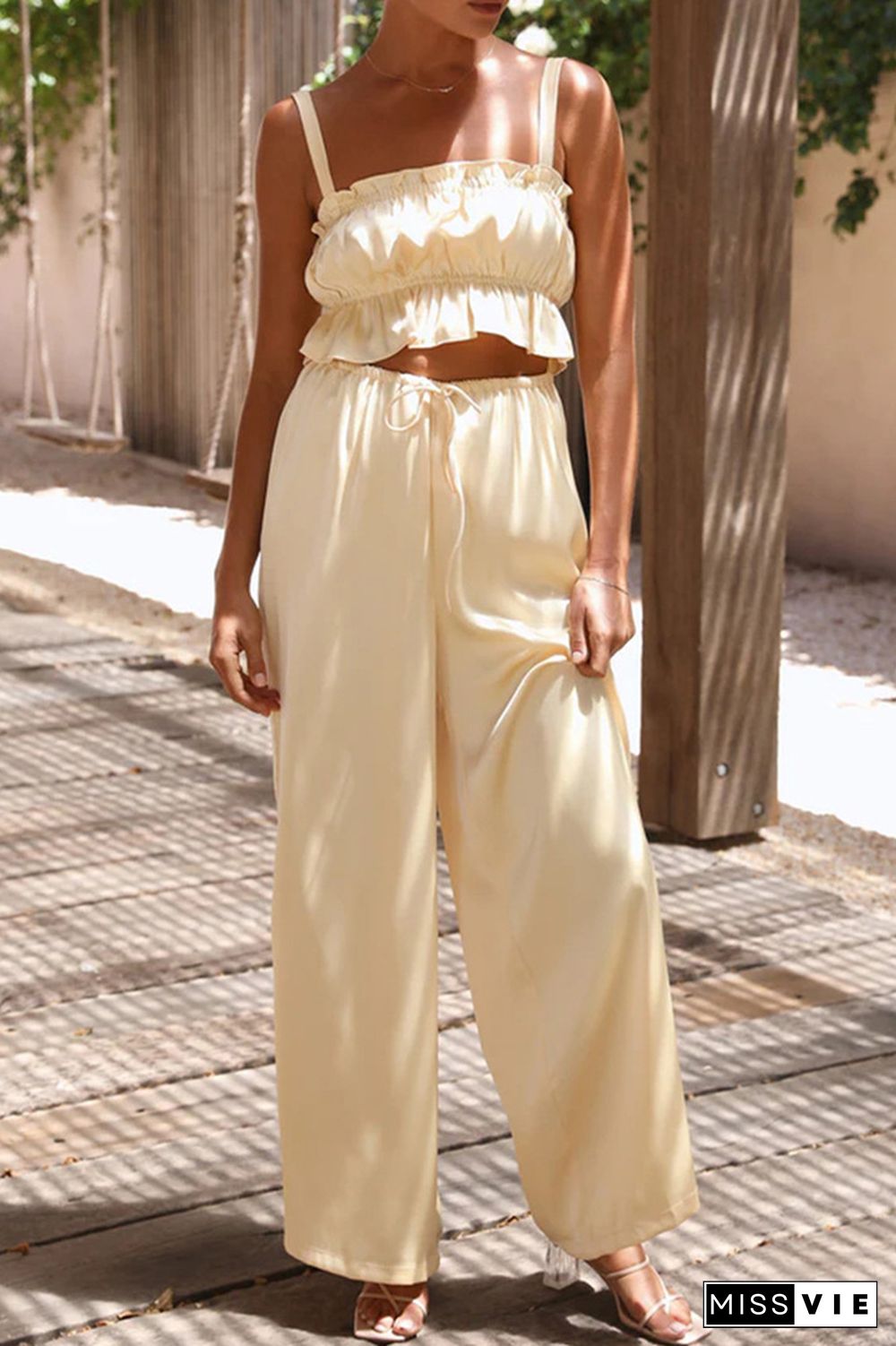 Plain Ruched Cami Crop Top With Wide Leg Pants 2pcs Set