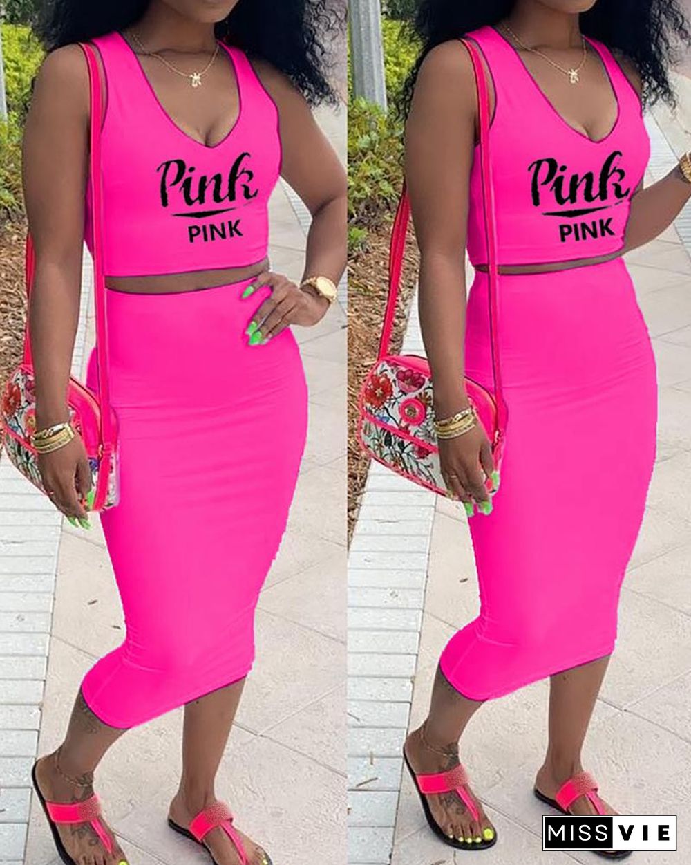 Letter Print V-Neck Crop Top & Plain Midi Skirt Set