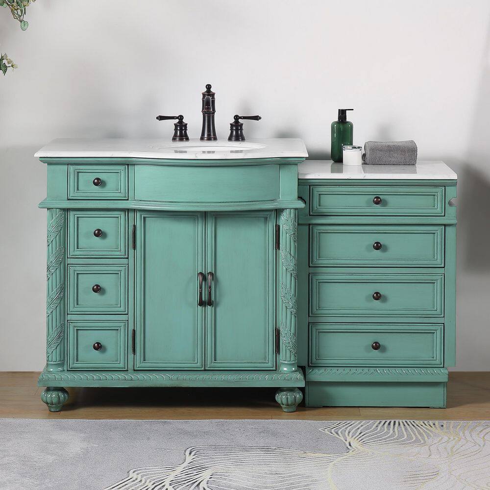 Silkroad Exclusive 55.5 in. W x 22 in. D x 36 in. H Freestanding Bath Vanity in Vintage Green with Carrara White Marble Top V0213NW56R