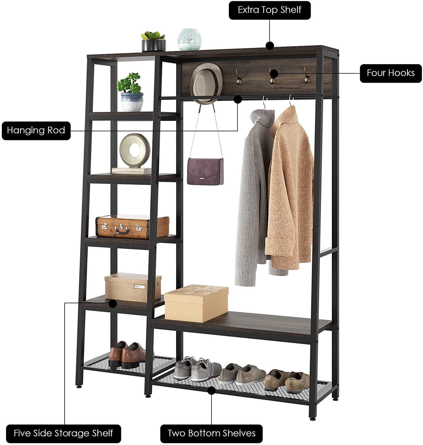 Homfa Closet Rack, 3 In 1 Metal Hall Tree, Free Standing Closet Organizer with Shelves and Shoe Rack, Rustic Brown