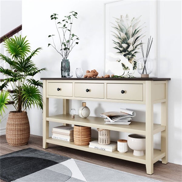 Retro Solid Wood Console Table，3 Top Drawers and 2 Open Shelves Table - 50“L x 16”W x 30”H