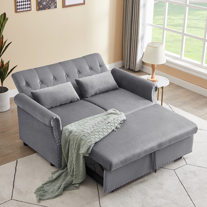 3 in 1 Convertible Sleeper Loveseat Velvet Sofa Couch With Pullout Bed Grey