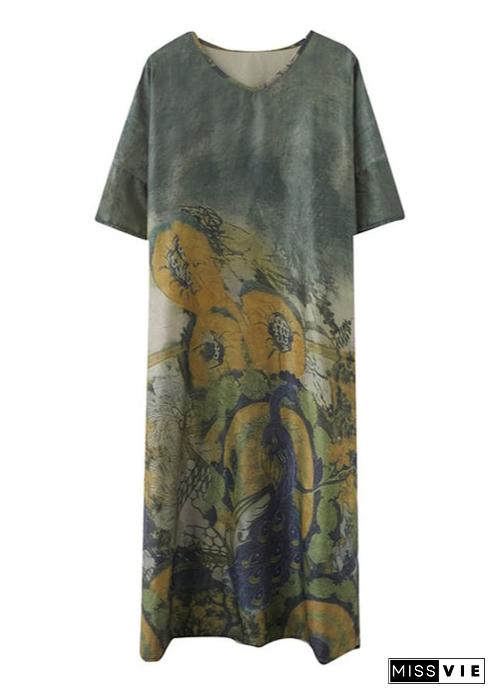 Elegant Peacock Green V Neck Print Side Open Dresses Short Sleeve