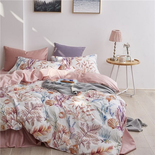 6Pcs Luxury Egyptian Cotton Bedding Set Bright Flamingo Leaf Duvet Cover Bed Fitted sheet