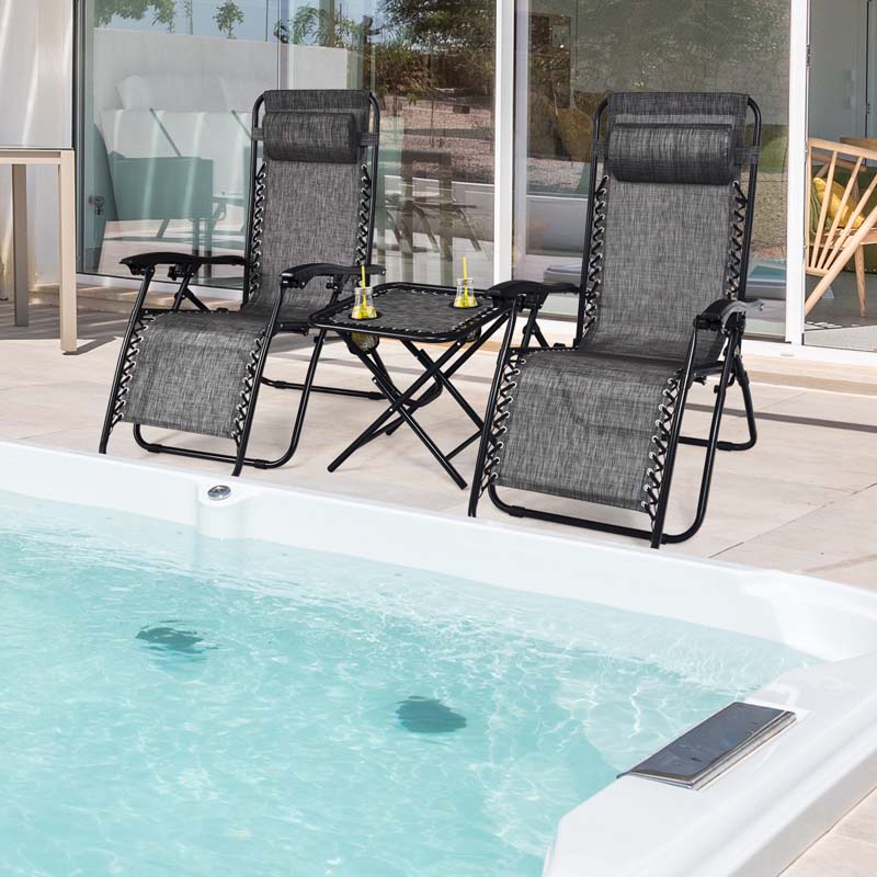 3 Pcs Folding Zero Gravity Recliner Patio Yard Pool Outdoor Chaise Lounge Chairs Table Set