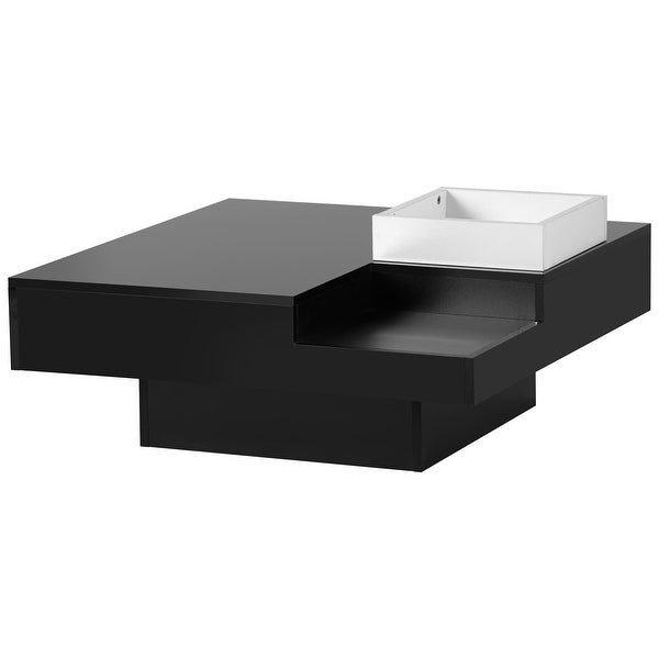 Square Coffee Table with Detachable Tray and Plug-in 16-color LED Strip Lights Remote Control Sofa Table for Living Room