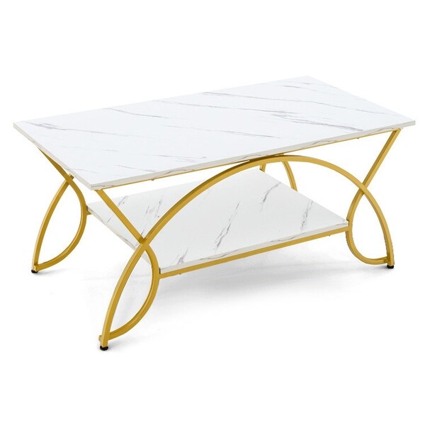 2-Tier Faux Marble Coffee Table with Metal Frame