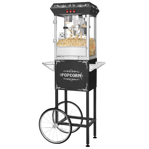 Great Northern Popcorn 8 Oz Popcorn Machine Stainless Steel Kettle Heated Warming Deck Old Maids Drawer And Cart Black