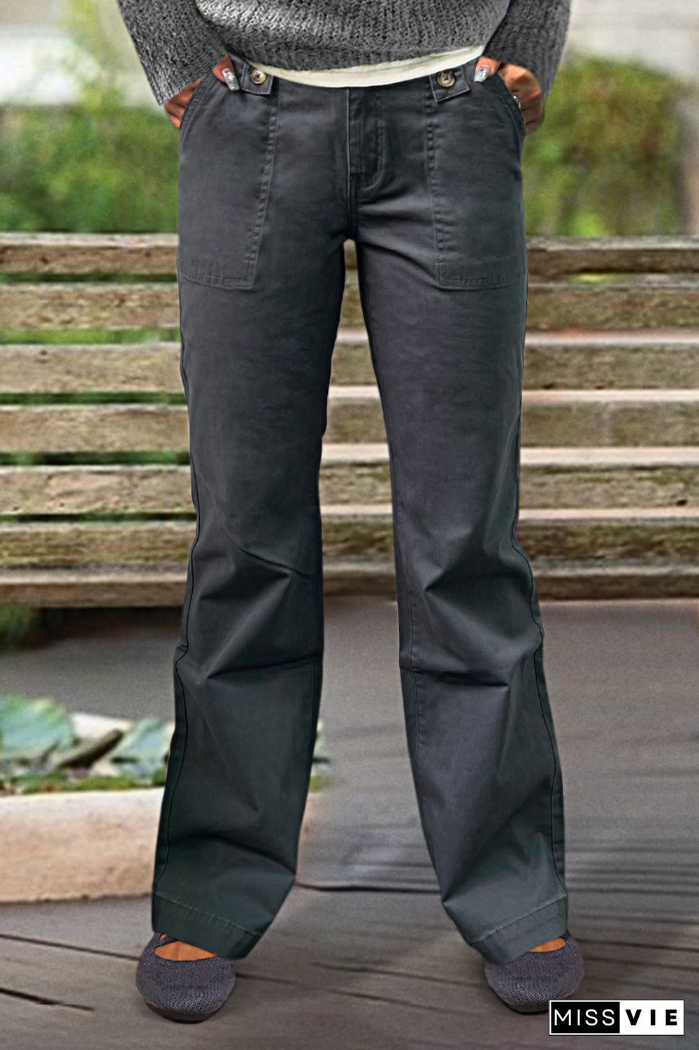 Solid Button Detail Low Rise Straight Leg Pants