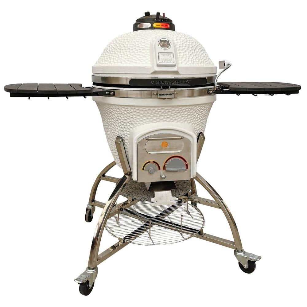 Vision Grills 24 in. Kamado XD702 Ceramic Charcoal Grill in White with Cover, Storage Cart, Shelves, Lava Stone, Ash Drawer XD-702WC