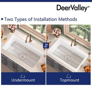 DEERVALLEY Glen White Rectangular Fireclay 32 in. Single Bowl UndermountDrop-In Kitchen Sink with Basket Strainer and Sink Grid DV-1K513