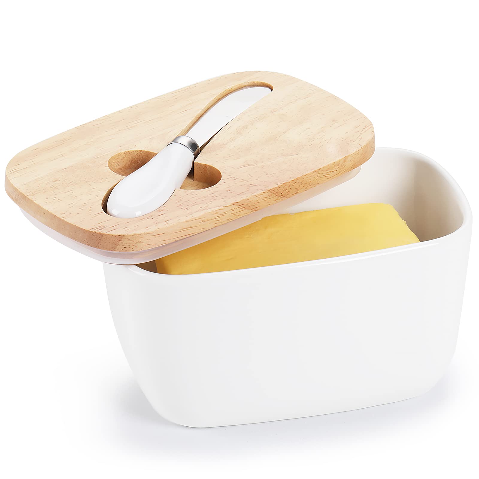 Butter Dish - Large Ceramics Butter Holder with Silicone Sealing， Natural Wooden Lid and Stainless Steel Knife， Perfect for 4 Stick of Butter， White