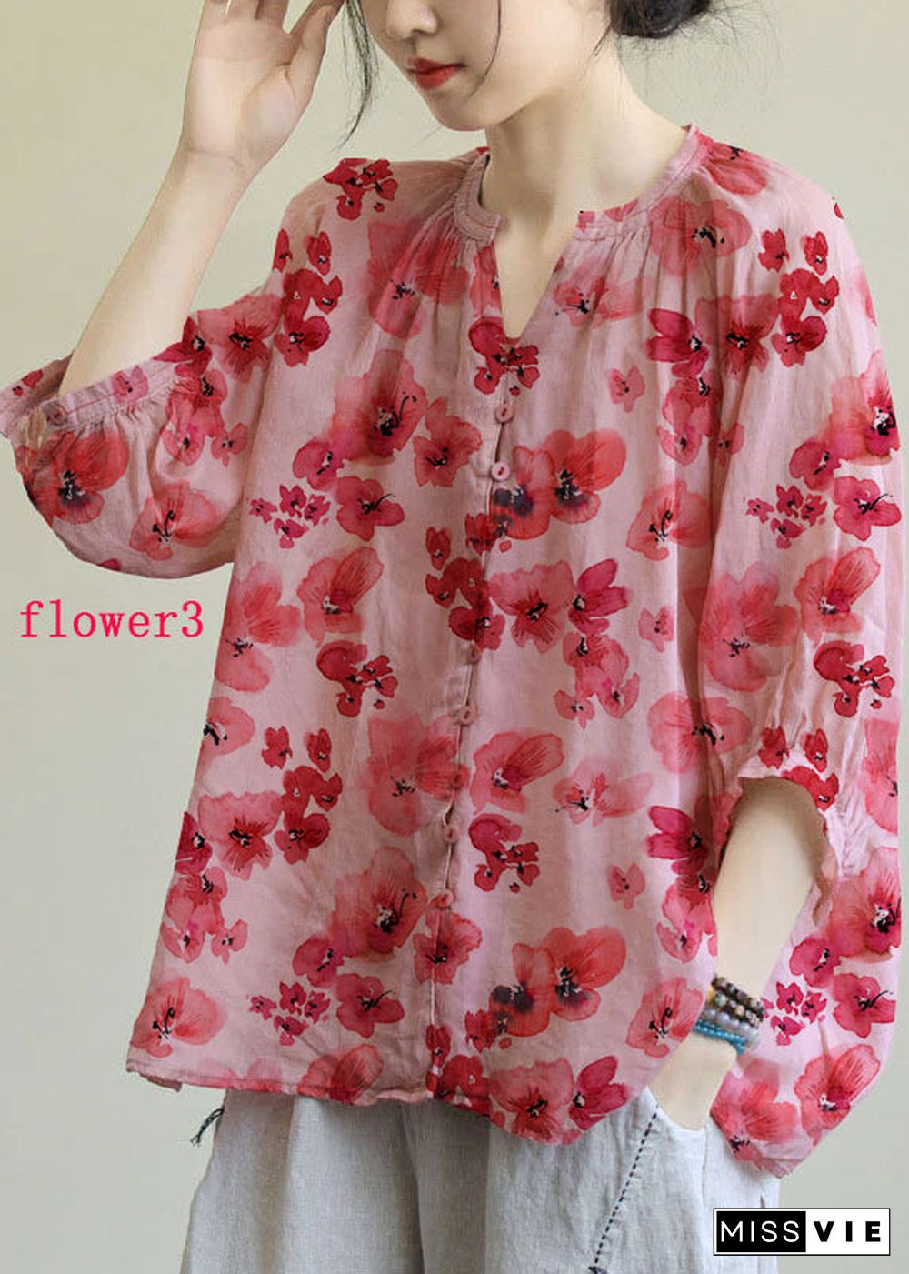 Italian Pink-purple flower V Neck Button Loose Fall Half Sleeve Blouse Top