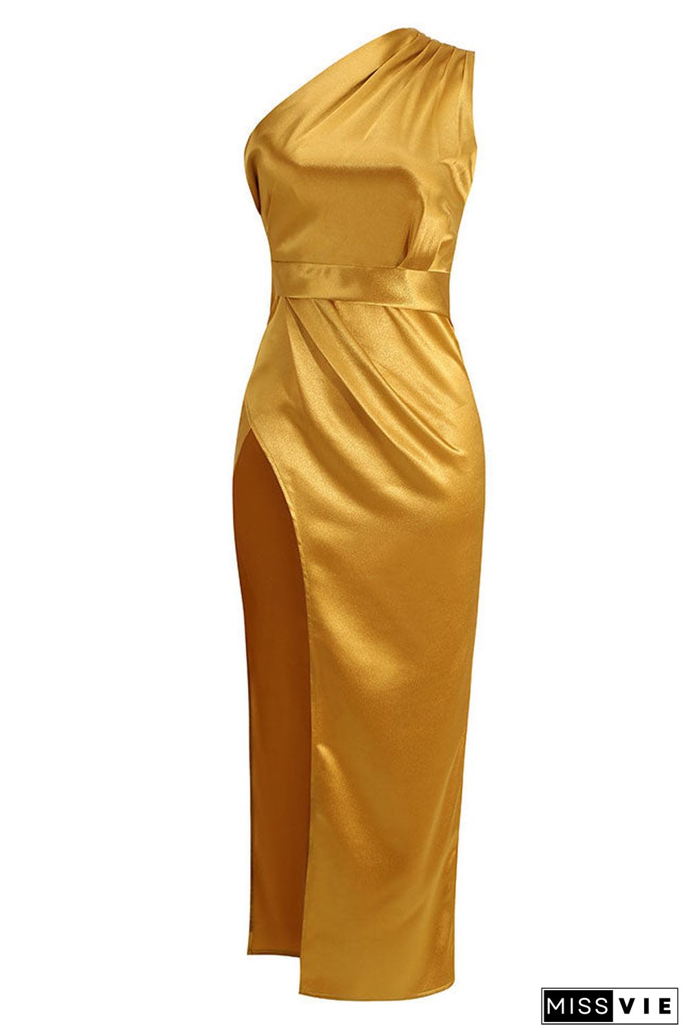 Silky Satin Pleated One Shoulder High Slit Midi Evening Dress - Gold