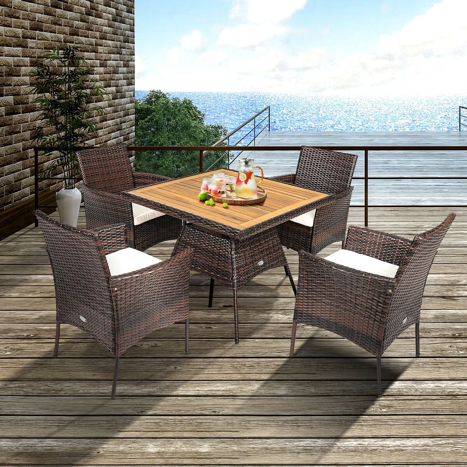 5 Pcs Rattan Patio Dining Table Set with Umbrella Hole, Acacia Wood Tabletop & 4 Cushioned Armchairs