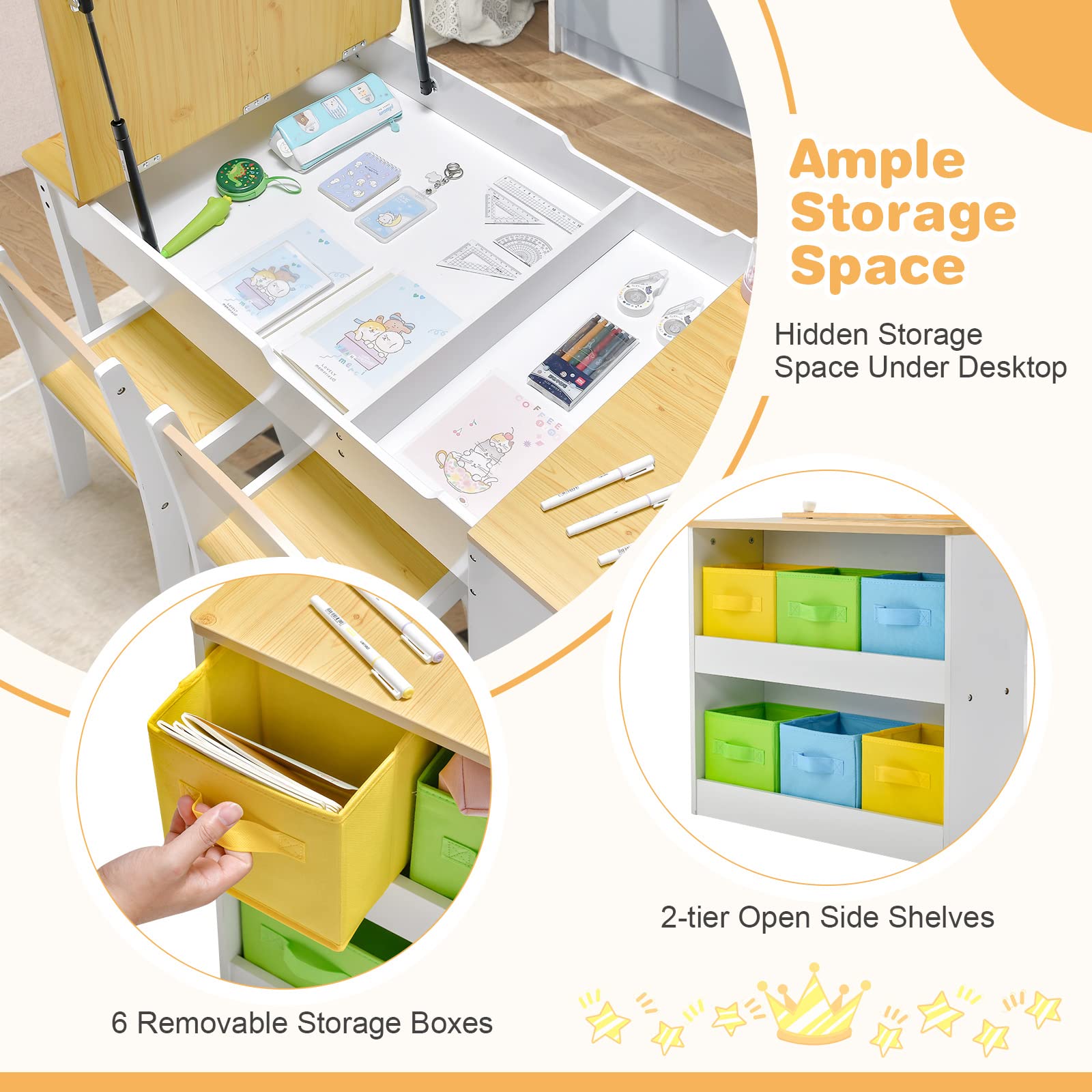 Costzon 2 in 1 Kids Table and Chair Set, Wood Art Table & Easel Set with 2 Chairs, 6 Storage Bins, Paper Rolle (Natural)