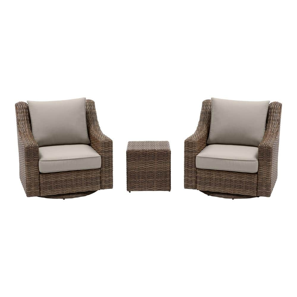 Hampton Bay Rock Cliff 3-Piece Brown Wicker Outdoor Patio Seating Set with CushionGuard Riverbed Tan Cushions FRS60605IS-ST-2