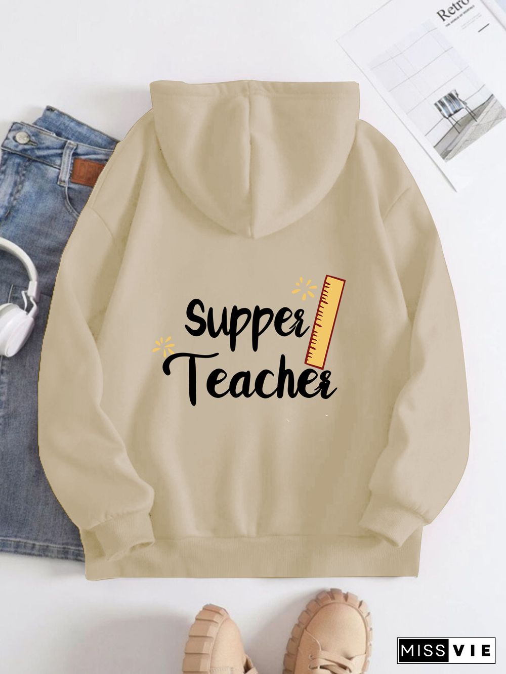 Printed on the Back Kangaroo Pocket Hoodie Long Sleeve for Women Pattern Super teacher