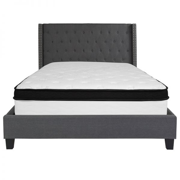 Riverdale Queen Size Tufted Upholstered Platform Bed in Dark Gray Fabric with Memory Foam Mattress