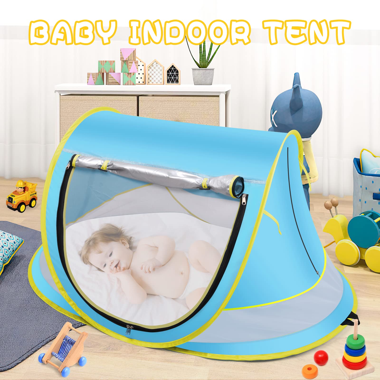 IMMEKEY Baby Beach Tent，Large Pop Up Sun Shade for Beach，Portable Baby Travel Tent with Mosquito Net，UPF 50+ UV Protection Sun Shelters for Infants Blue