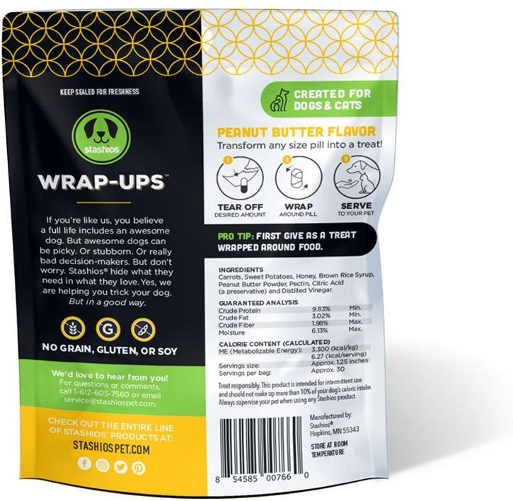 Stashios Wrap-Ups Peanut Butter Pill Wrapper Dog and Cat Treat， 30 count