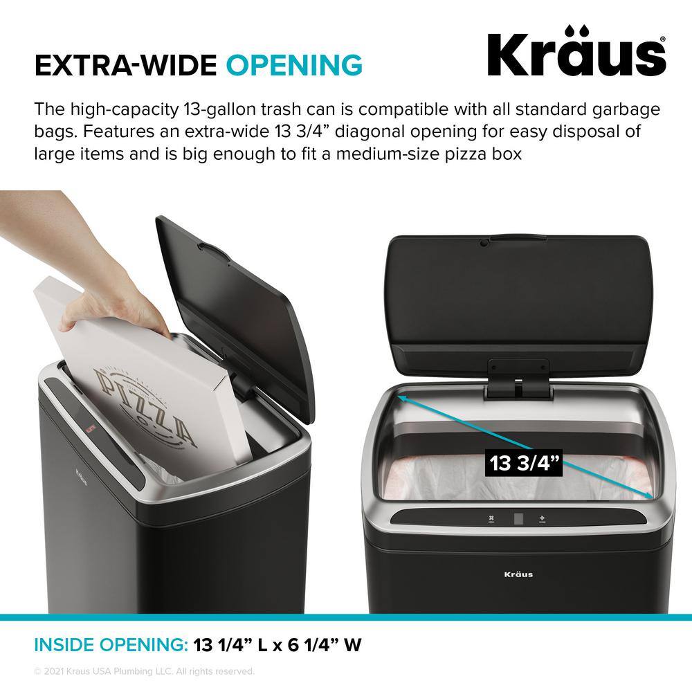 KRAUS Garbage Pro Rectangular 13 Gal. Touchless Motion Sensor Trash Can in Matte Black with Soft Shut Lid KTCS-10MB