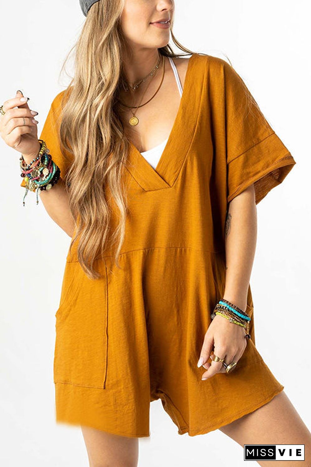 Deep V Neck Solid Color Romper