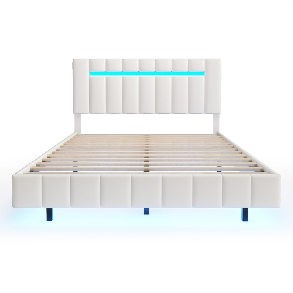 Queen Size PU Leather Upholstered Floating Platform Bed with LED Lights Bed Frame and USB Charging