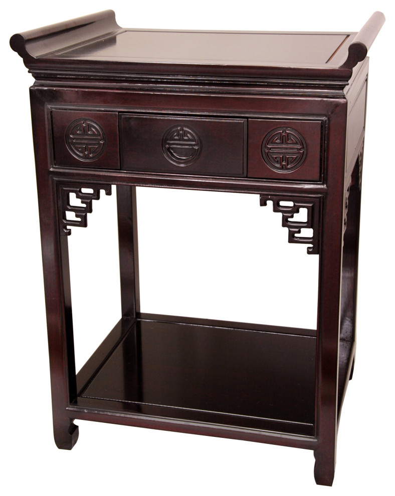 Oriental End Table  Open Shelf  amp3 Drawers With Shou Three Symbols  Dark Cherry   Asian   Side Tables And End Tables   by Decor Love  Houzz