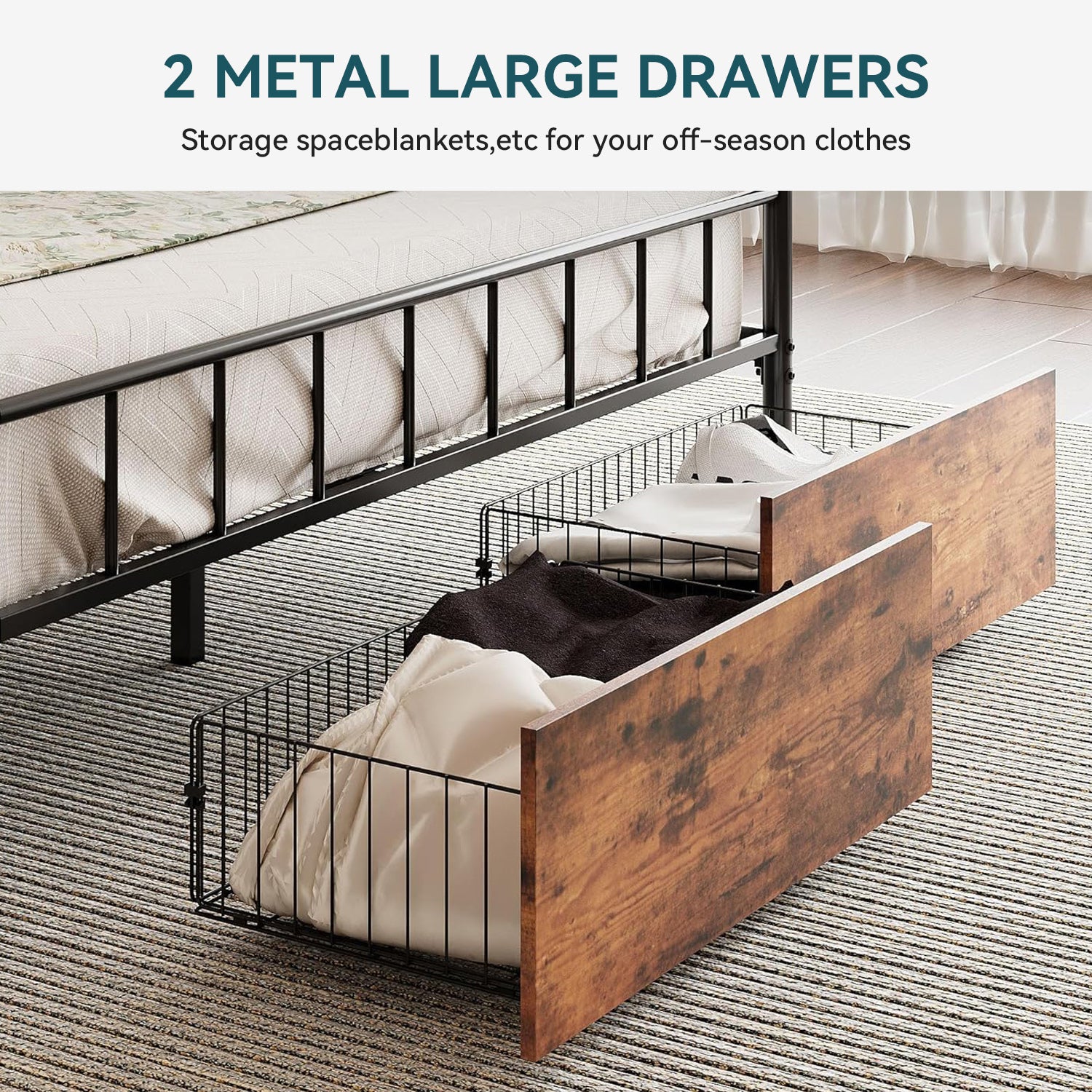 Canopy Bed Frame with Wooden Headboard and 2 Drawers, Industrial Style Bed Frame with 4 Removable Sturdy Posts, Vintage Brown