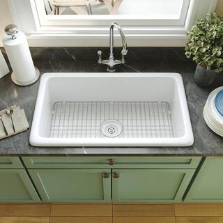 DEERVALLEY Glen White Rectangular Fireclay 32 in. Single Bowl UndermountDrop-In Kitchen Sink with Basket Strainer and Sink Grid DV-1K513