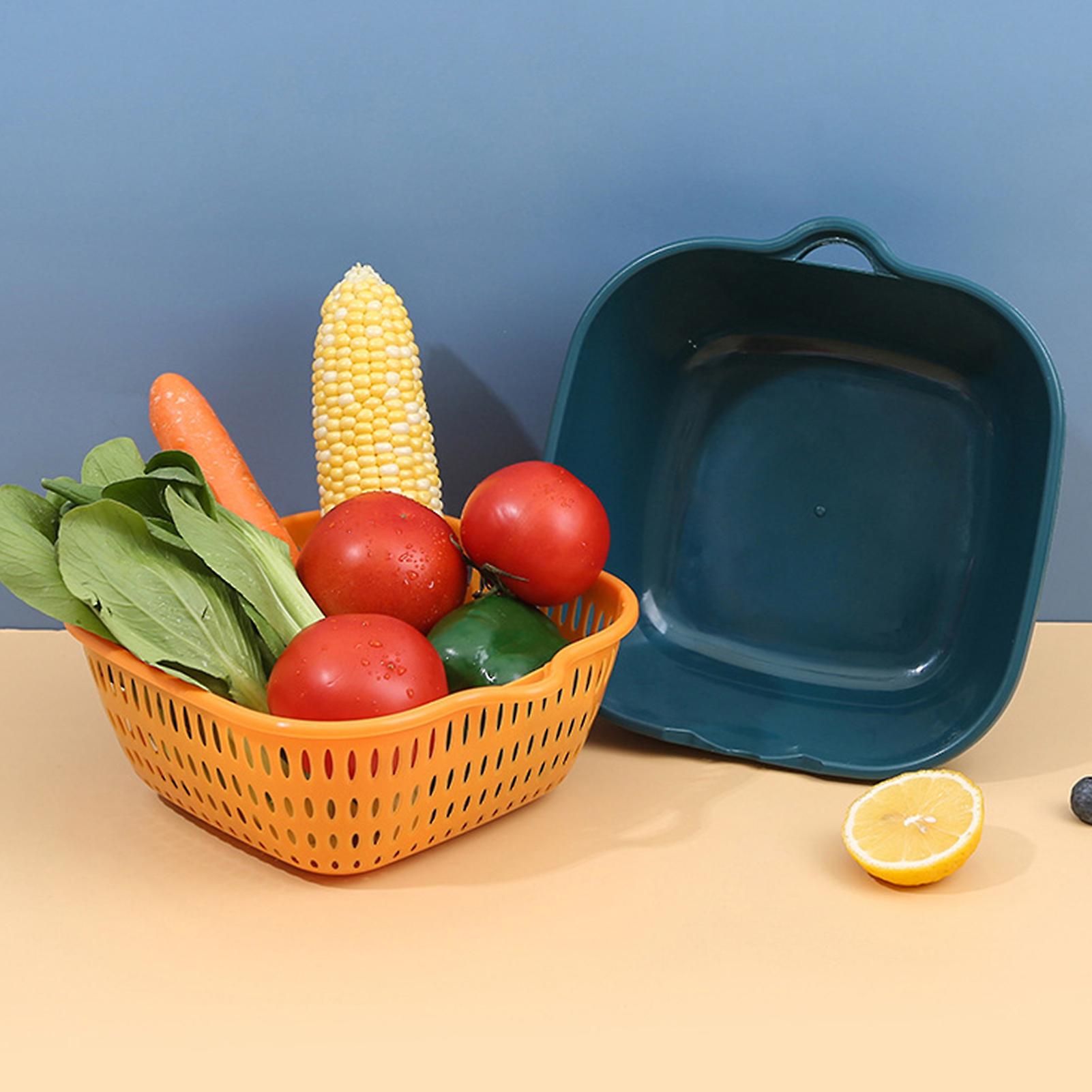 Fruit Vegetable Colander Multi Layer Kitchen Washing Strainer Basket with Hanging Hole for Fruits Vegetables Blue Yellow20x18x8cm / 7.9x7.1x3.1in