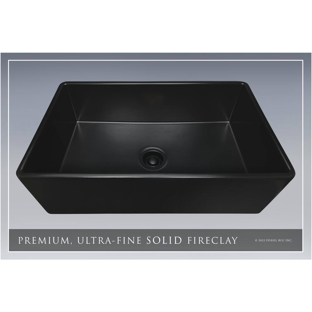 Fossil Blu Luxury Matte Black Solid Fireclay 33 in. Single Bowl Farmhouse Apron Kitchen Sink with Matte Black Accs and Flat Front WHS1022MB