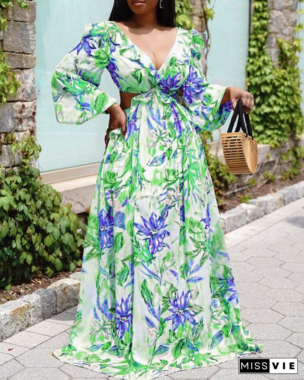 Leaf Floral Print Puff Lantern Sleeve Maxi Dress