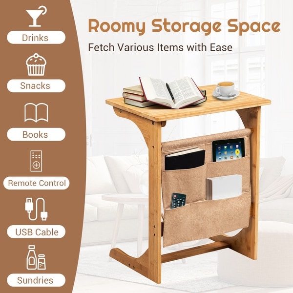 Bamboo Sofa Table End Table Bedside Table with Storage Bag - 19.5