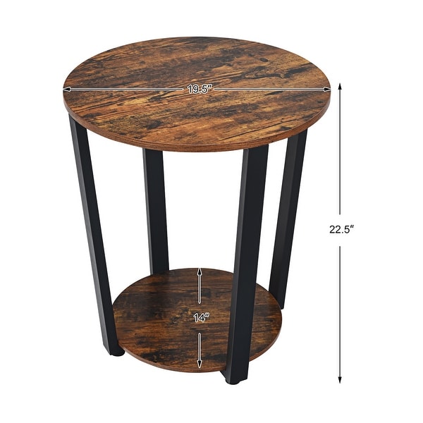 Industrial Round End Table with Metal Frame and Storage Shelf