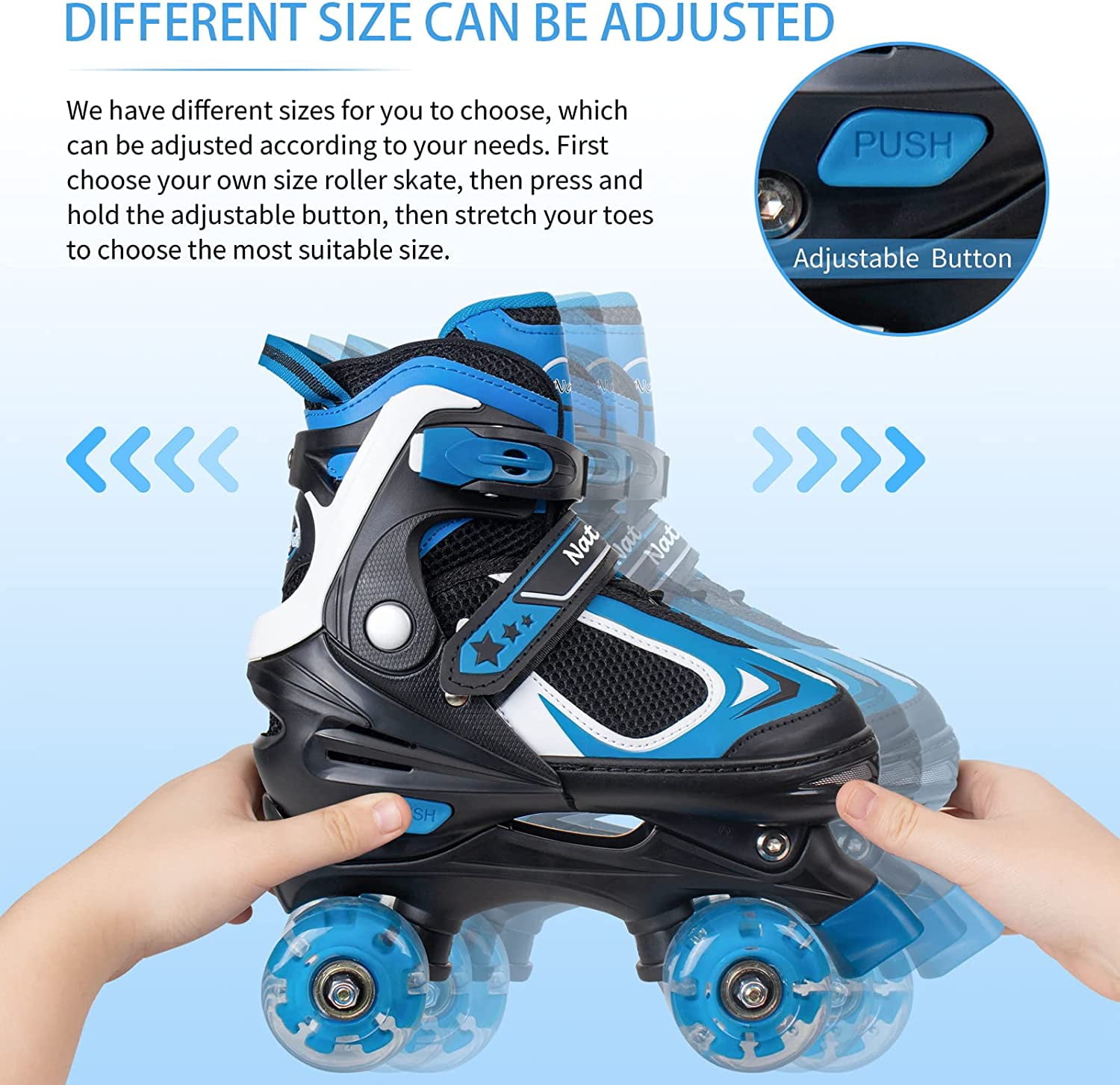 Nattork Roller Skates for Boys Girls Kids 4 Sizes Adjustable Quad Skates with Illuminating Wheels Blue Size M