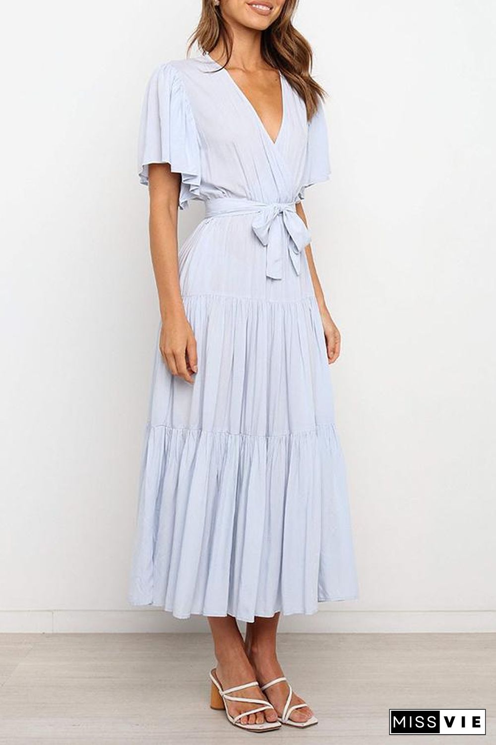 Ruffled Sleeve V-neck Tie Waist Maxi Dress P14492