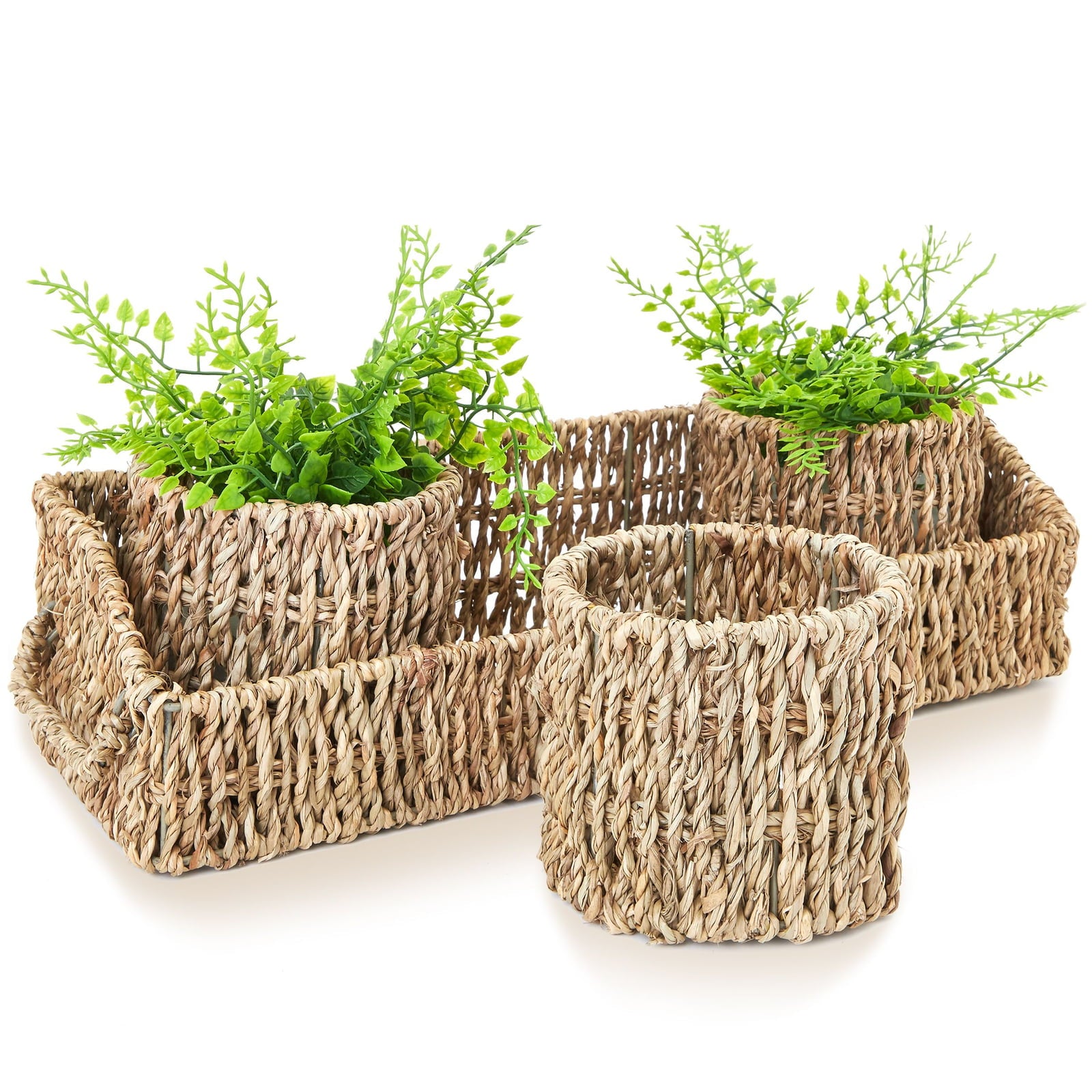 Set of 3 Wicker Round Storage Baskets for Shelves with Rectangular Seagrass Tray, Brown