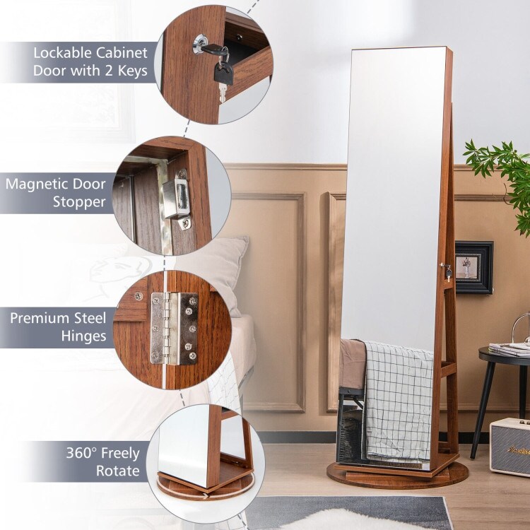 360° Rotating Mirrored Jewelry Cabinet Armoire 3 Color LED Modes Lockable   21.5\