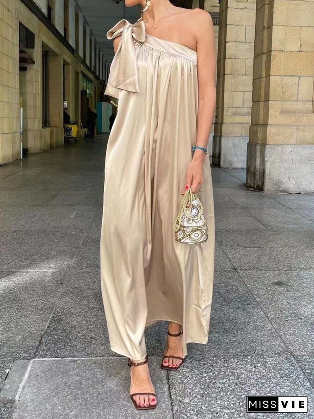 Women Sexy Off Shoulder Boho Long Dress Elegant One Shoulder Loose Party Dress Summer Fashion Button Solid Beach Maxi Dress