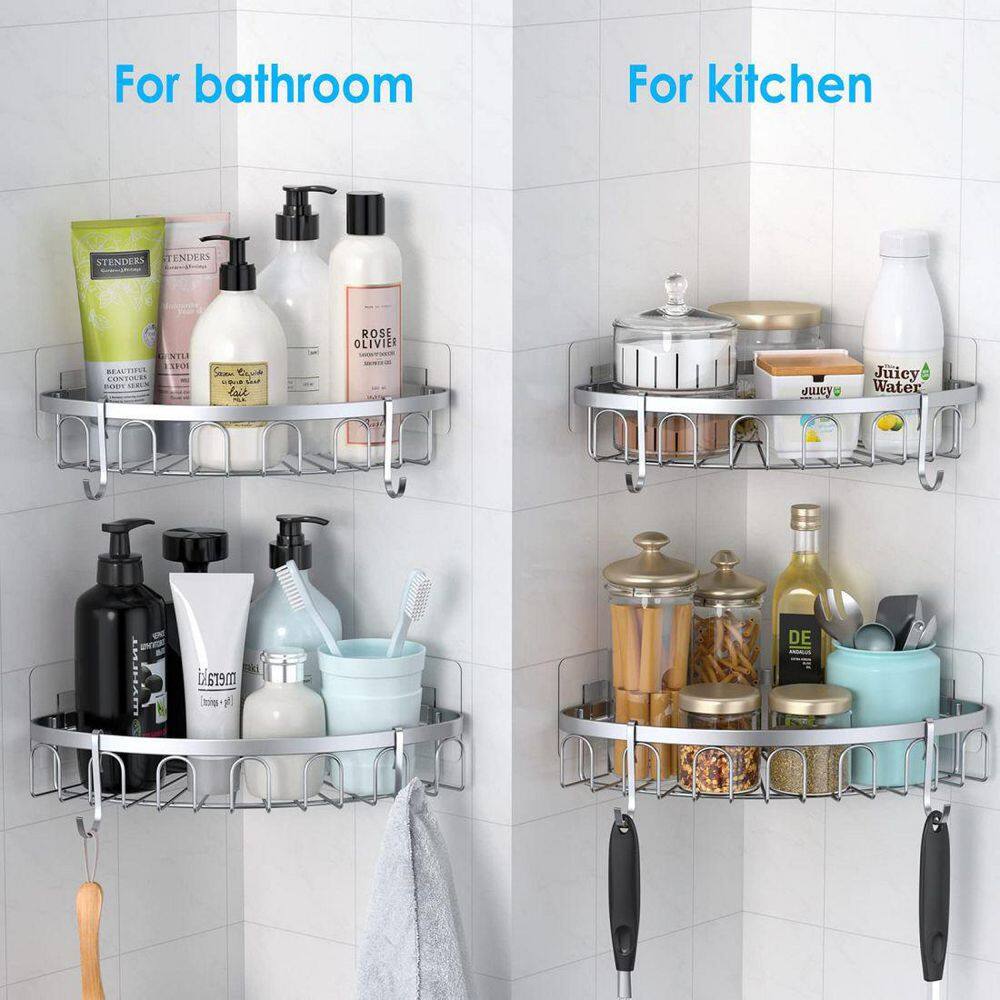 Dracelo 2-Pack Silver Adhesive Stainless Steel Corner Shower Caddy Storage Shelf with 4 Hooks B08HH1XFHR