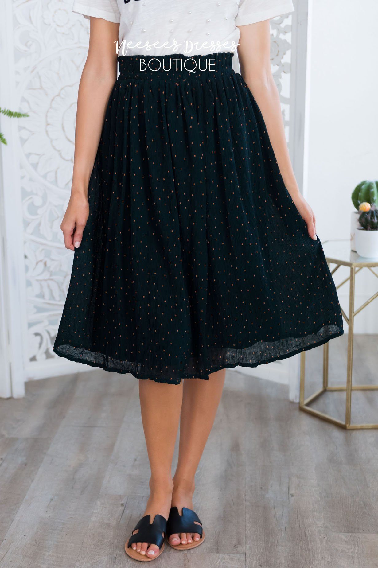 Dot Crepe Smocked Waist Skirt