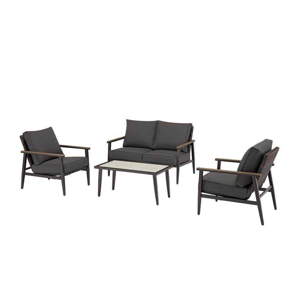 Hampton Bay Rivenhall 4-Piece Metal Outdoor Patio Conversation Set with Dark Grey Cushions 505.0581.000