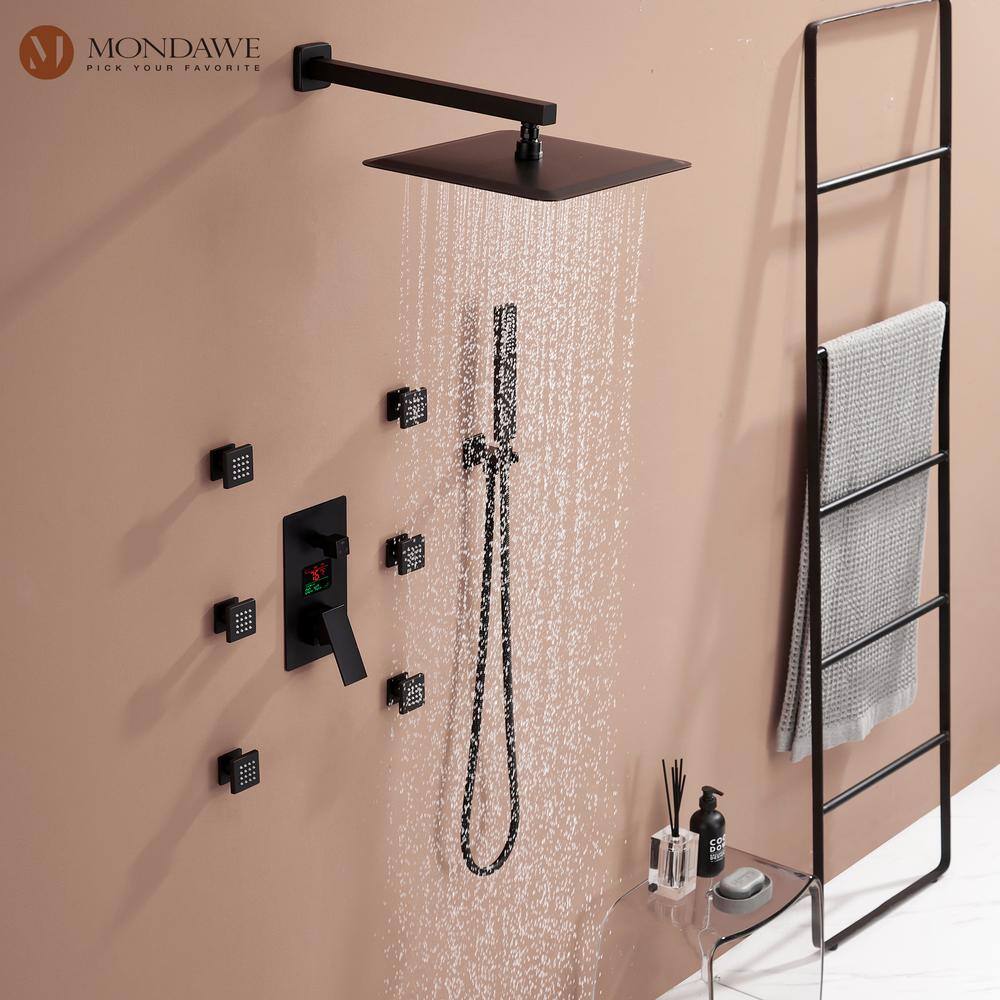 Mondawe LED Display 3 Spray Patterns 12 in. Wall Mount Fixed and Handheld Shower Head 2.5 GPM in Matte Black Valve Included WF6025BI-12BL