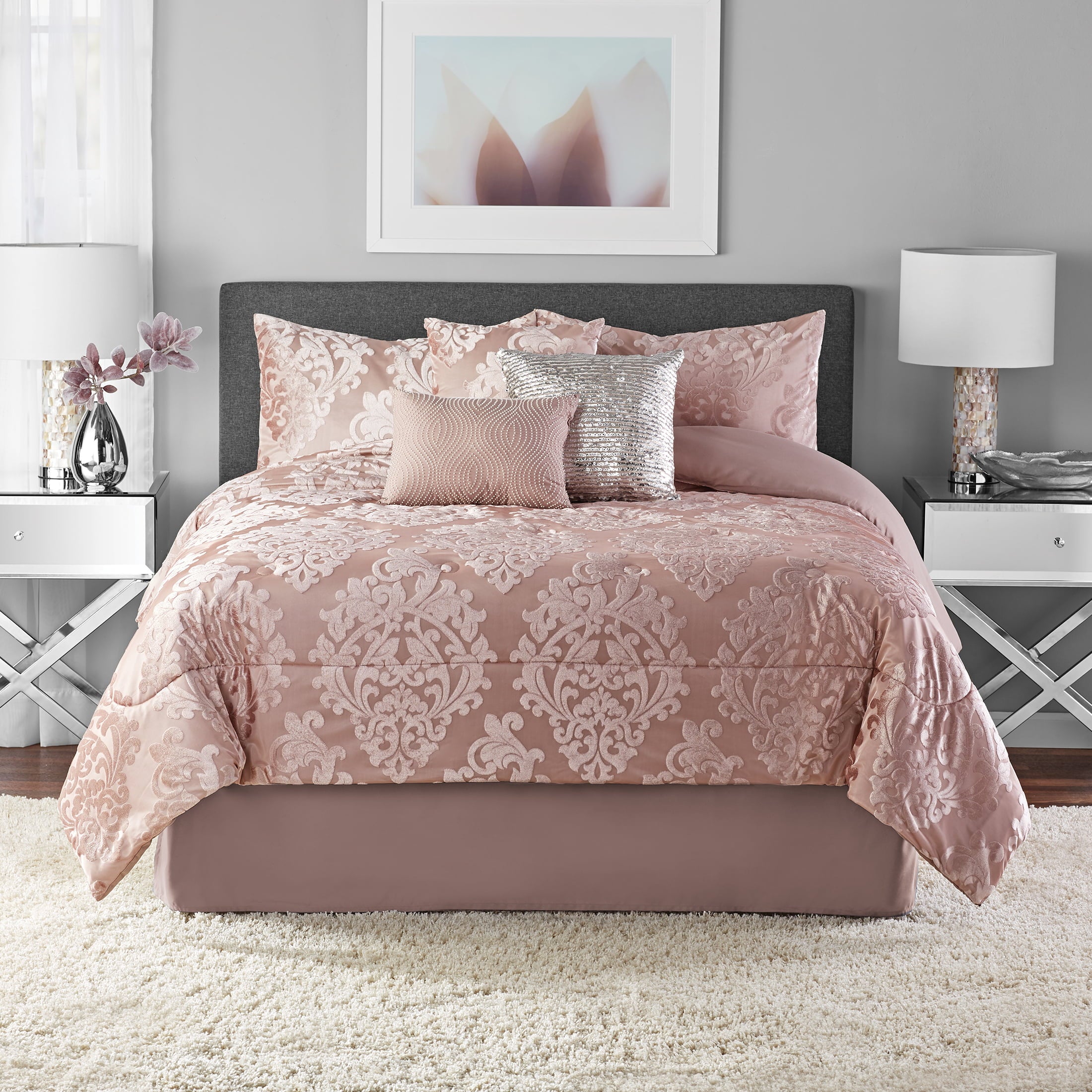 Mainstays Armin 7-Piece Rose Gold Damask Polyester Comforter Set， Full/Queen